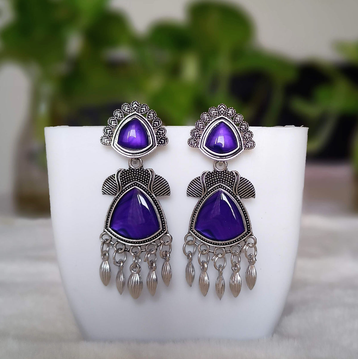Ultramarine Blue Color Stylish Beads Silver Oxidised Earrings
