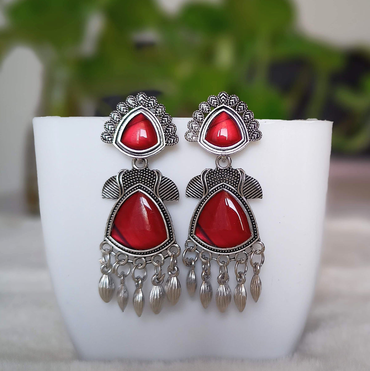 Red Color Stylish Beads Silver Oxidised Earrings