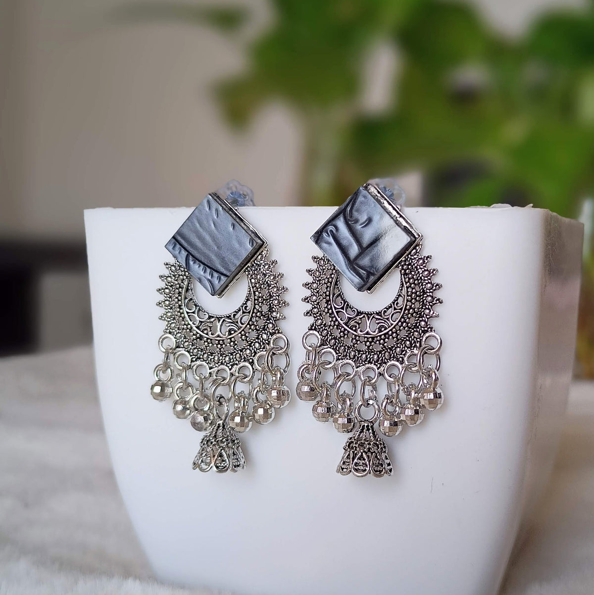 Black Diamond Shape Chaandbali Jhumka Silver Oxidised Earrings