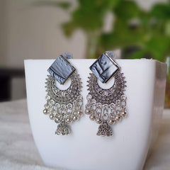Black Diamond Shape Chaandbali Jhumka Silver Oxidised Earrings