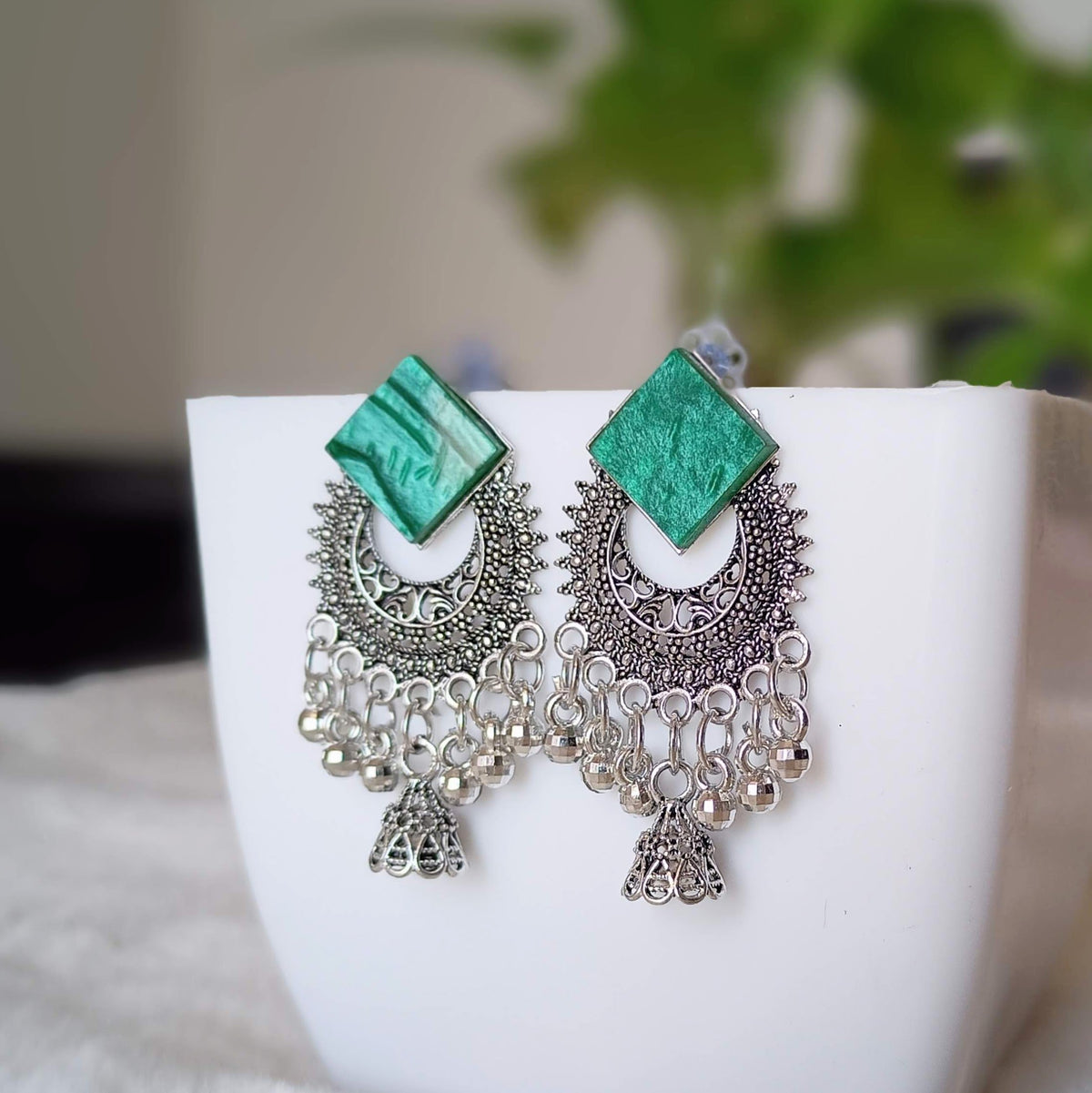 Green Diamond Shape Chaandbali Jhumka Silver Oxidised Earrings