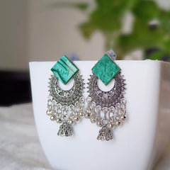 Green Diamond Shape Chaandbali Jhumka Silver Oxidised Earrings