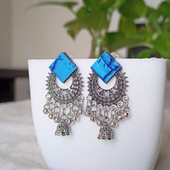 Blue Diamond Shape Chaandbali Jhumka Silver Oxidised Earrings