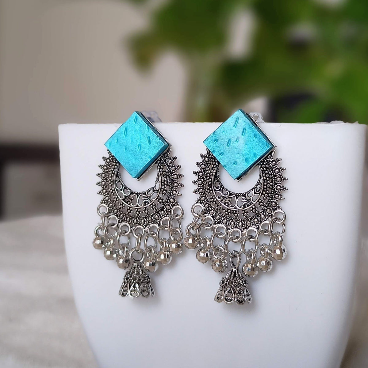 Light Blue Diamond Shape Chaandbali Jhumka Silver Oxidised Earrings