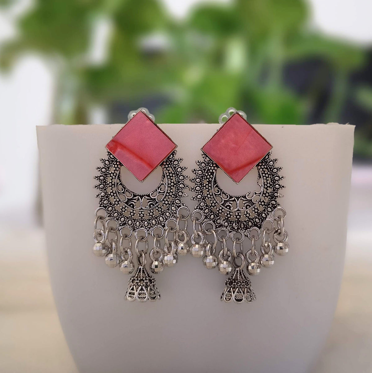 Light Pink Diamond Shape Chaandbali Jhumka Silver Oxidised Earrings