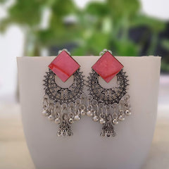 Light Pink Diamond Shape Chaandbali Jhumka Silver Oxidised Earrings