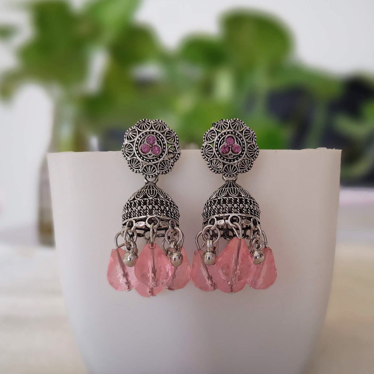 Baby Pink Color Gorgeous Jhumka Silver Oxidised Earrings