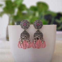 Baby Pink Color Gorgeous Jhumka Silver Oxidised Earrings
