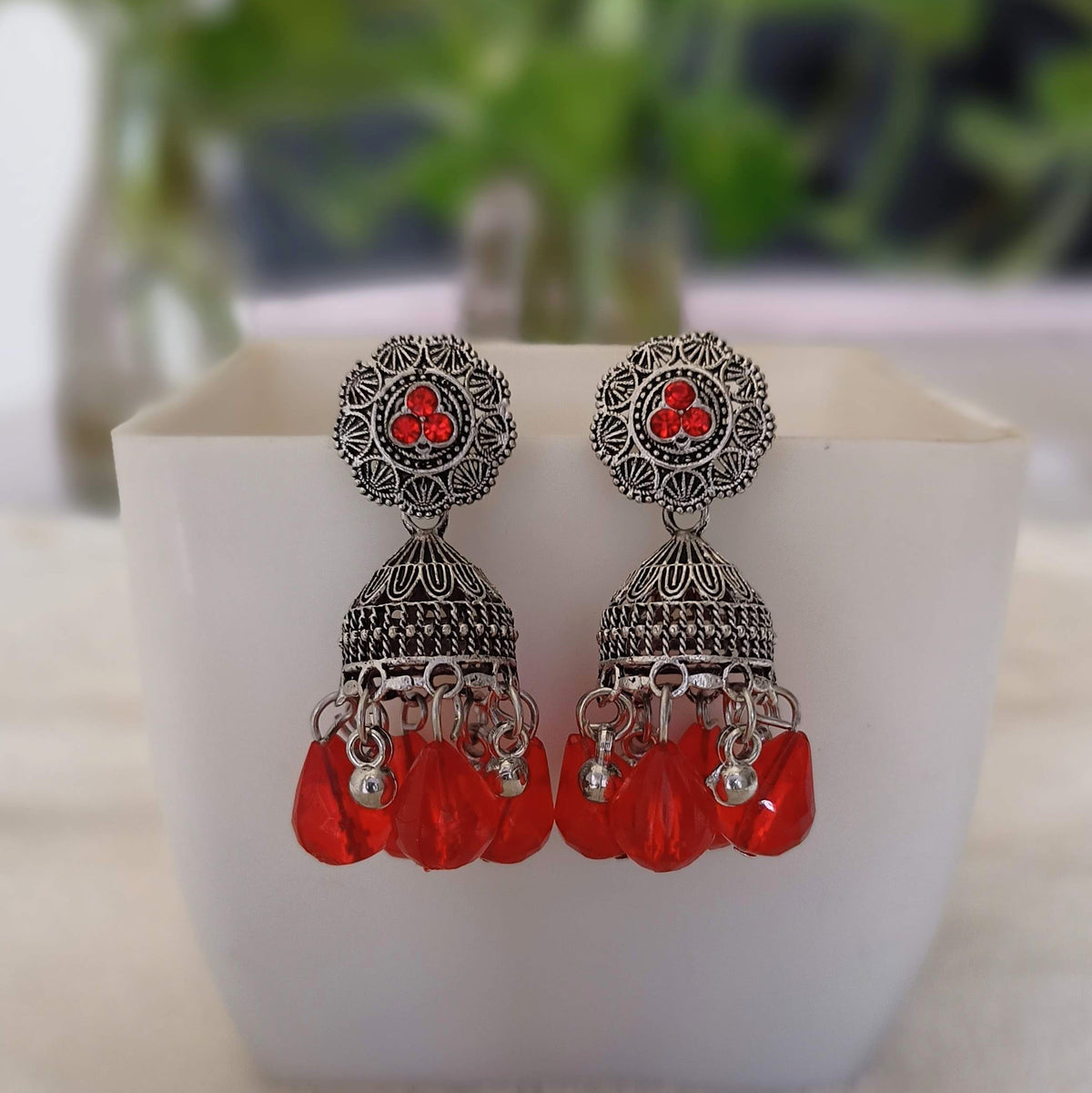 Red Color Gorgeous Jhumka Silver Oxidised Earrings