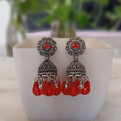 Red Color Gorgeous Jhumka Silver Oxidised Earrings