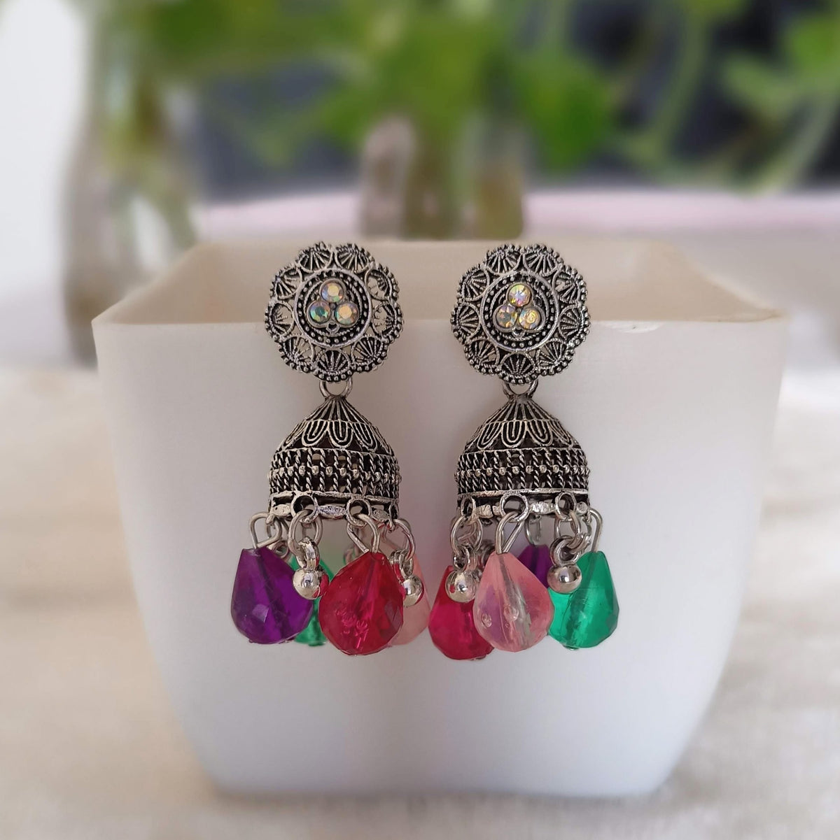 Multicolor Gorgeous Jhumka Silver Oxidised Earrings