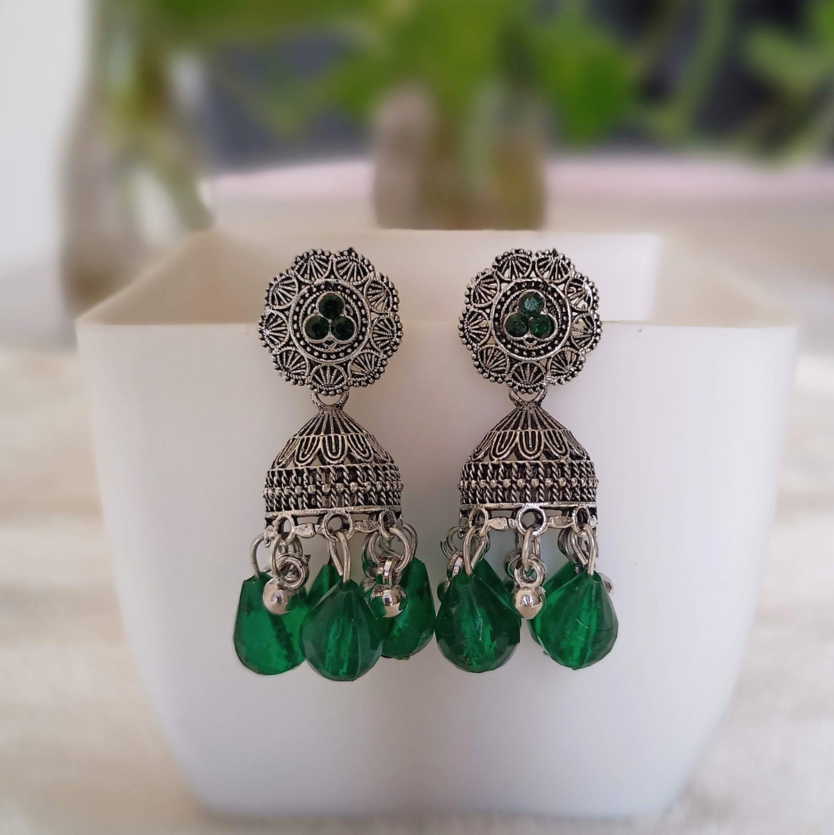 Green color Gorgeous Jhumka Silver Oxidised Earrings