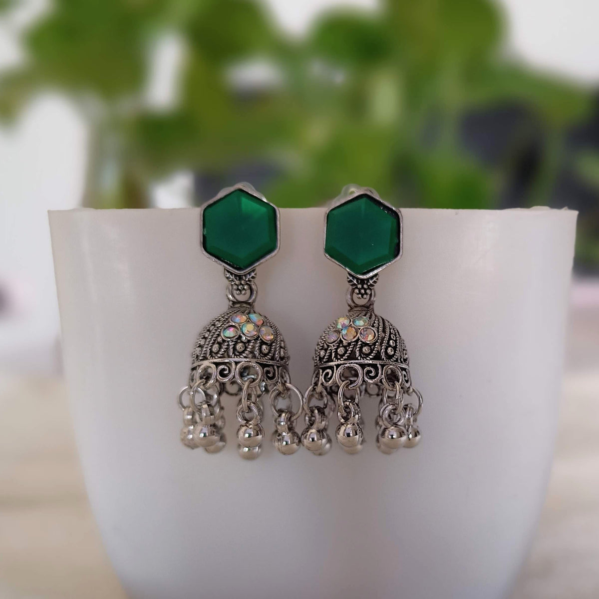 Green color Rainbow Stone Jhumka Silver Oxidised Earrings
