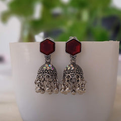 Dark Red Color Rainbow Stone Jhumka Silver Oxidised Earrings