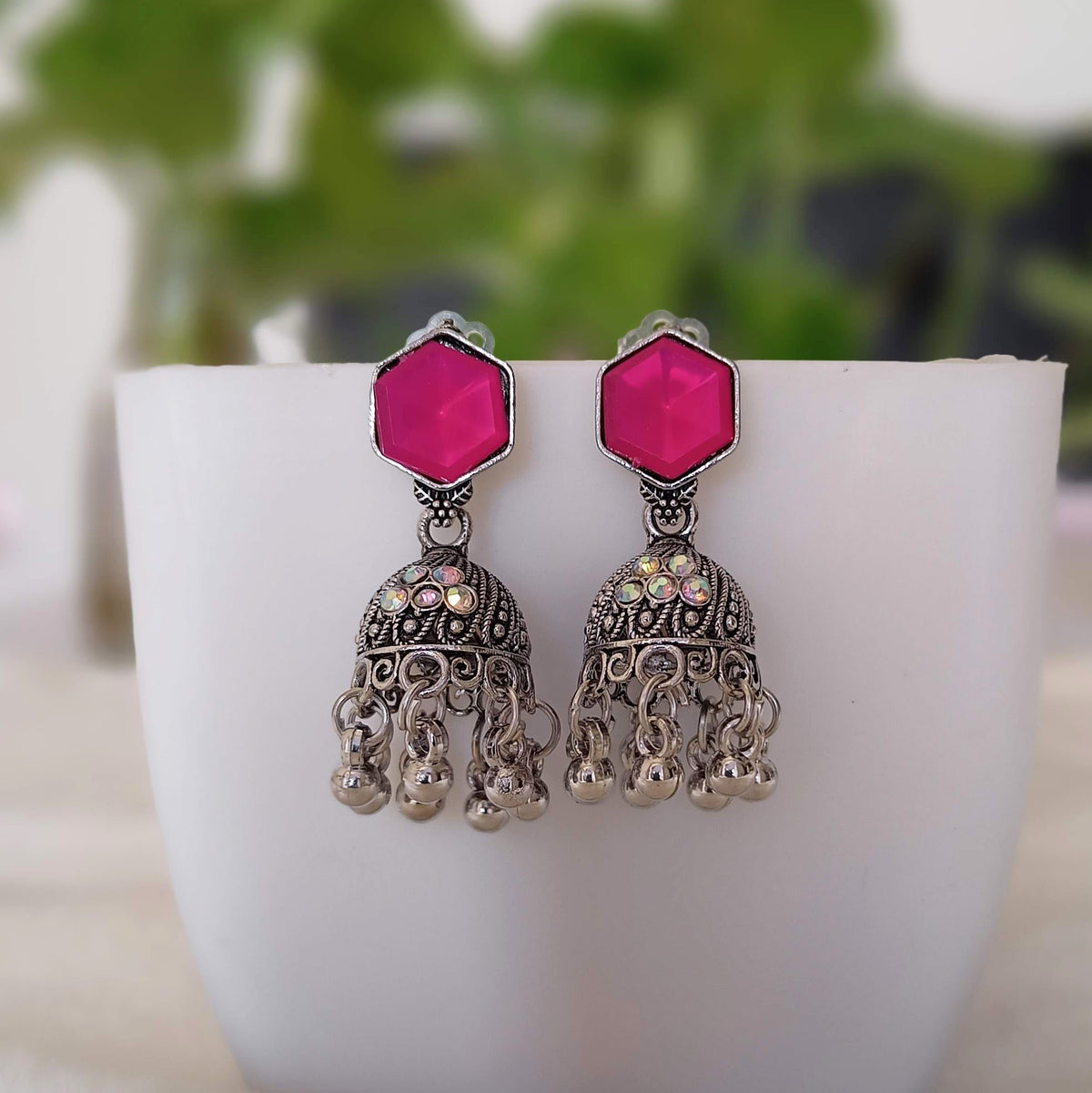 Pink Color Rainbow Stone Jhumka Silver Oxidised Earrings