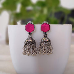 Pink Color Rainbow Stone Jhumka Silver Oxidised Earrings