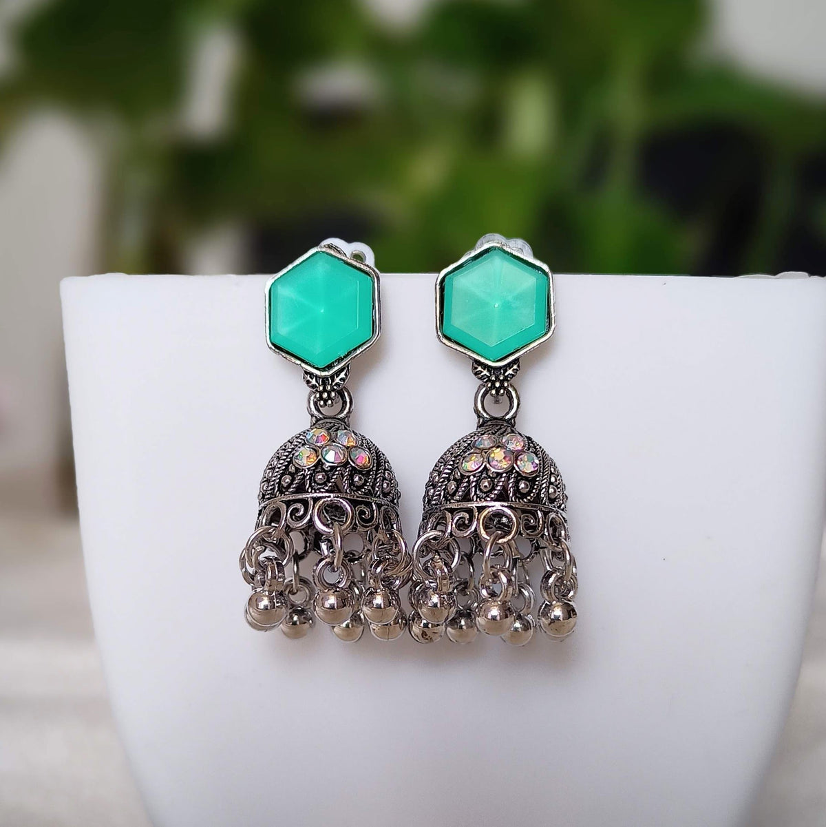 Turquoise Blue Color Rainbow Stone Jhumka Silver Oxidised Earrings