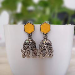 Yellow Color Rainbow Stone Jhumka Silver Oxidised Earrings