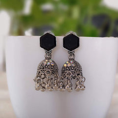 Black Color Rainbow Stone Jhumka Silver Oxidised Earrings