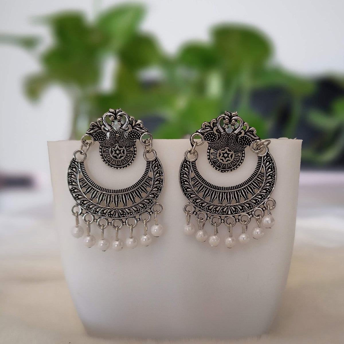 Peacock Chaandbali Drop Beads Silver Oxidised Earrings
