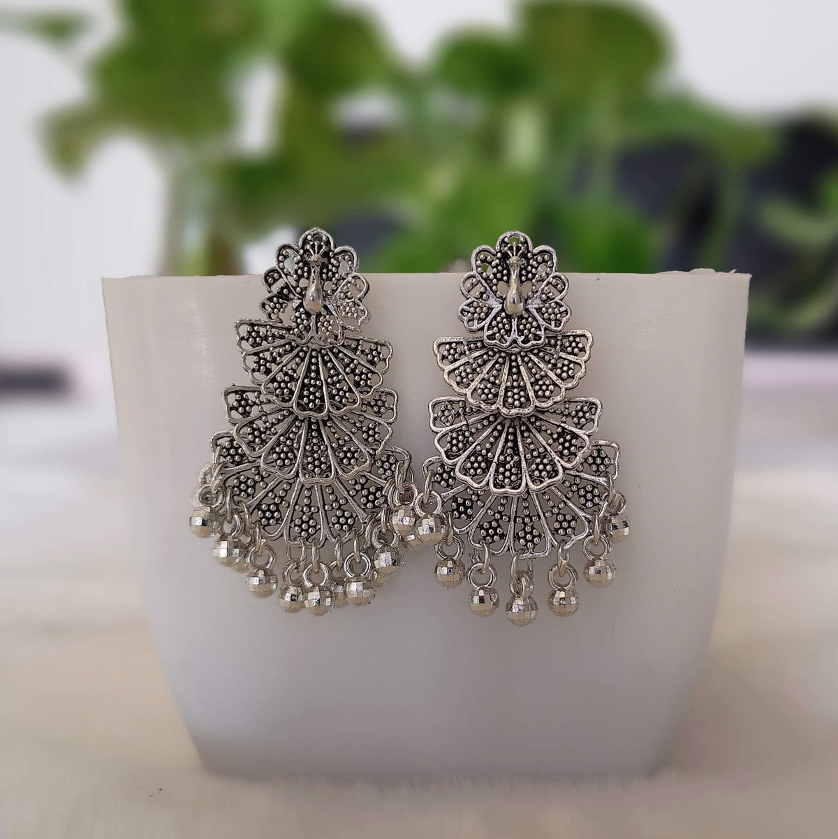 Dancing Peacock Drop Beads Silver Oxidised Earrings