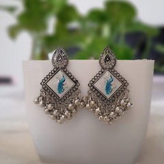 Peacock On Branch Design Sticker Silver Oxidised Earrings