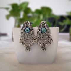Krishna Bansuri Design Sticker Jhumka Silver Oxidised Earrings