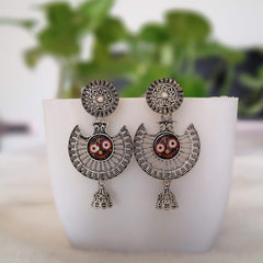 Lord Jagannath Design Sticker Jhumka Silver Oxidised Earrings