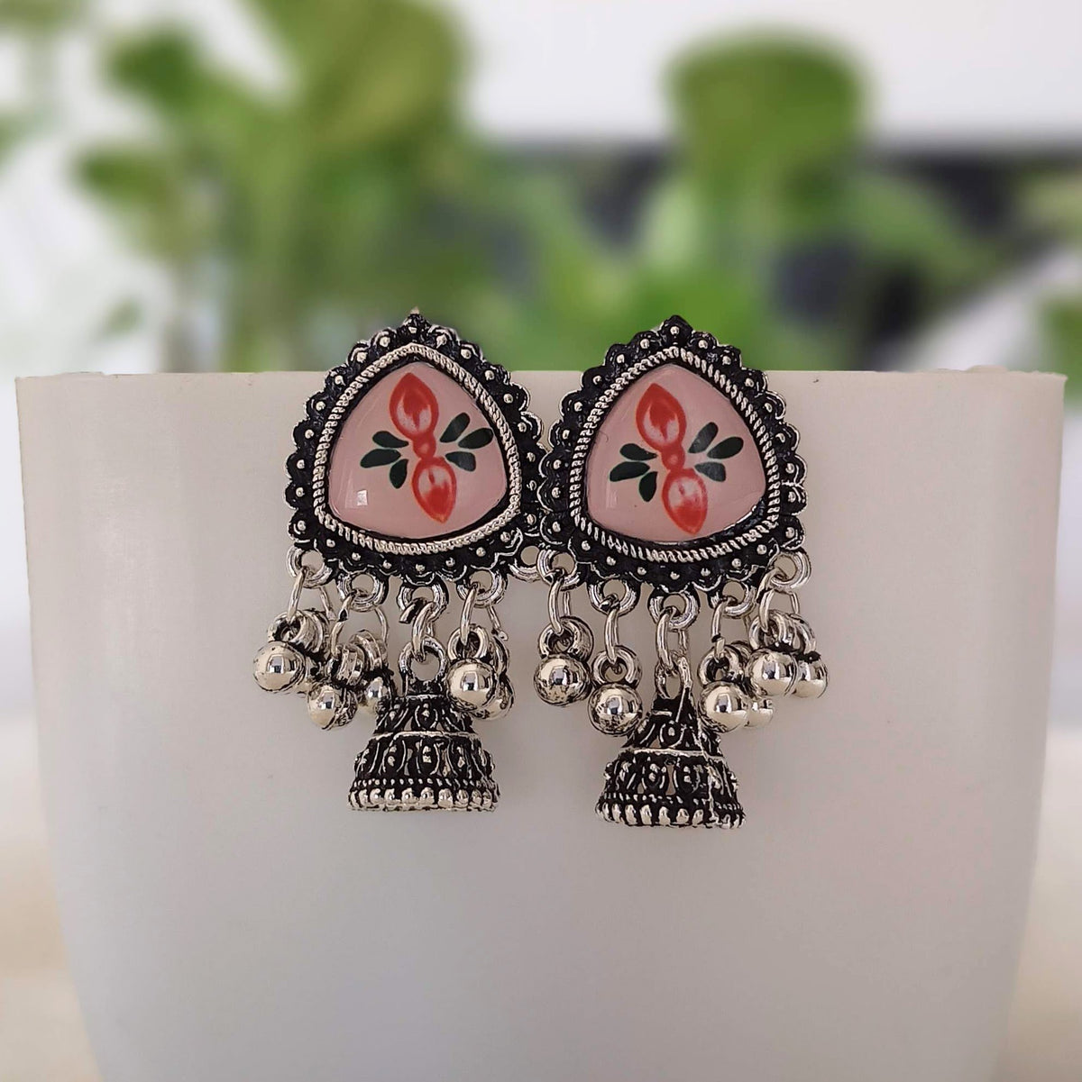 Triangle Sticker Drop Jhumka Silver Oxidised Earrings