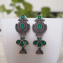Green Stone Drop Jhumka Silver Oxidised Earrings
