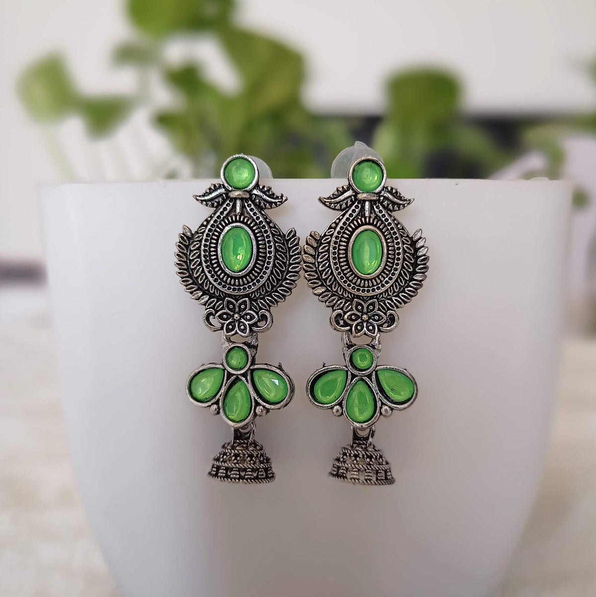 Light Green Stone Drop Jhumka Silver Oxidised Earrings