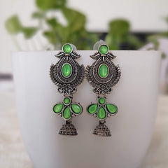 Light Green Stone Drop Jhumka Silver Oxidised Earrings