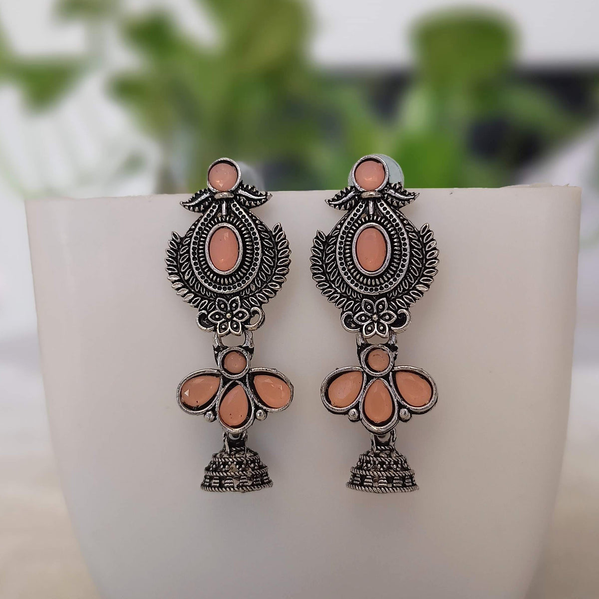 Peach Color Stone Drop Jhumka Silver Oxidised Earrings