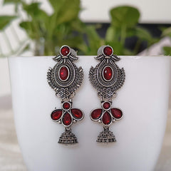 Dark Red Color Stone Drop Jhumka Silver Oxidised Earrings