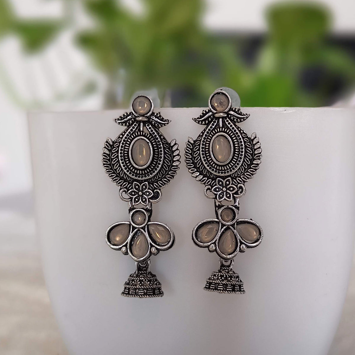 Grey Color Stone Drop Jhumka Silver Oxidised Earrings