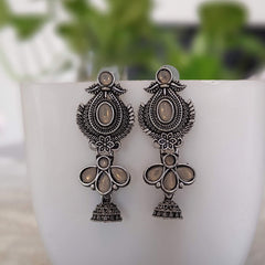 Grey Color Stone Drop Jhumka Silver Oxidised Earrings