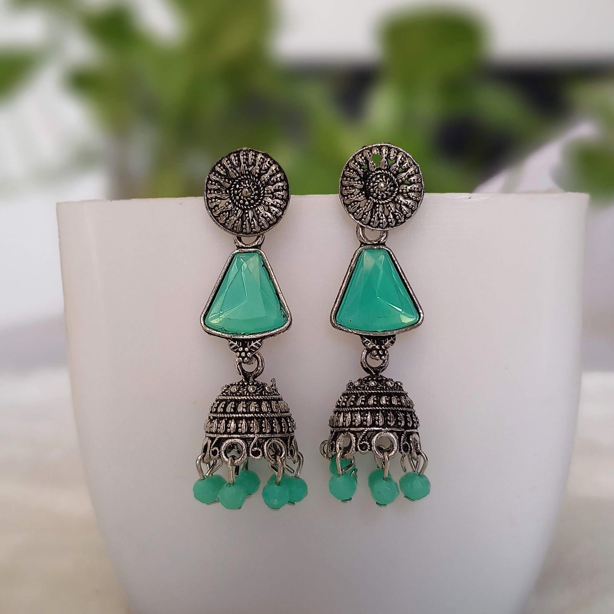 Light Green Stone Beads Jhumka Silver Oxidised Earrings