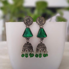 Dark Green Stone Beads Jhumka Silver Oxidised Earrings