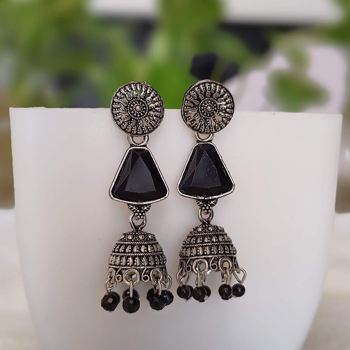 Black Color Stone Beads Jhumka Silver Oxidised Earrings