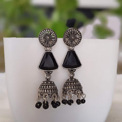 Black Color Stone Beads Jhumka Silver Oxidised Earrings