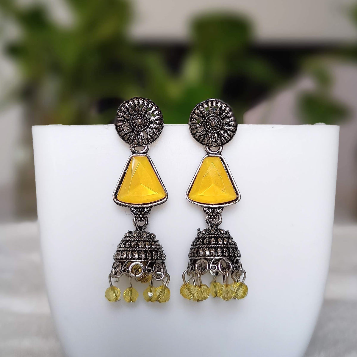 Yellow Color Stone Beads Jhumka Silver Oxidised Earrings