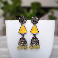 Yellow Color Stone Beads Jhumka Silver Oxidised Earrings