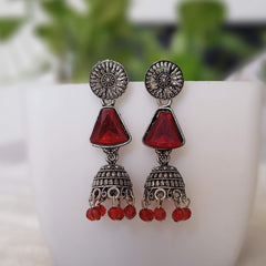 Dark Red Color Stone Beads Jhumka Silver Oxidised Earrings