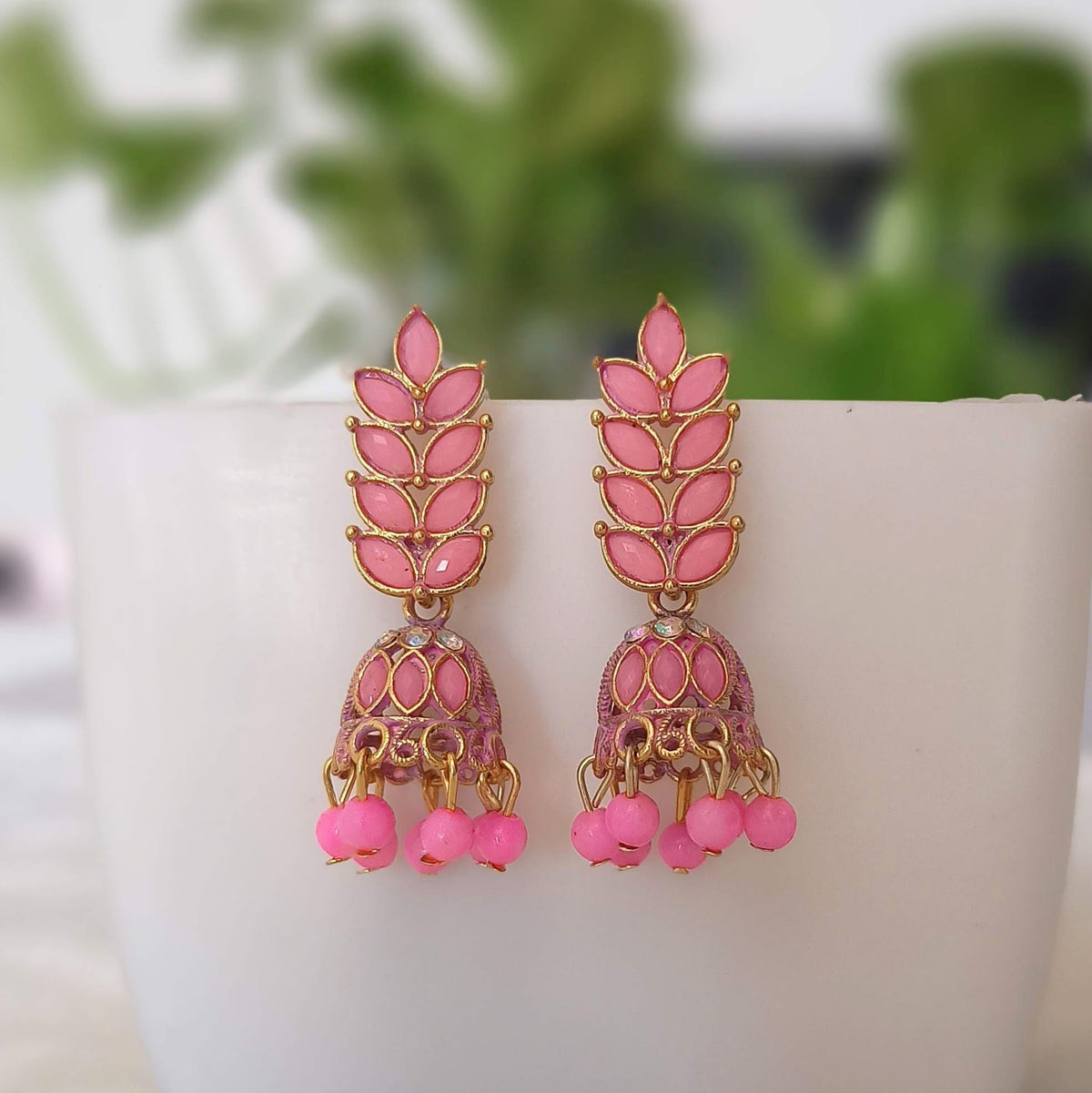 Baby Pink Stone Leafs Jhumka Golden Oxidised Earrings