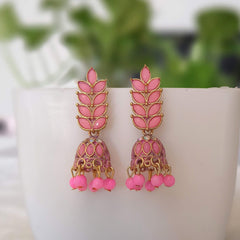 Baby Pink Stone Leafs Jhumka Golden Oxidised Earrings