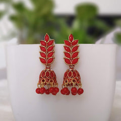 Red Color Stone Leafs Jhumka Golden Oxidised Earrings