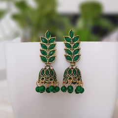 Green Color Stone Leafs Jhumka Golden Oxidised Earrings
