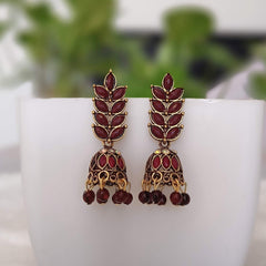 Dark Red Color Stone Leafs Jhumka Golden Oxidised Earrings