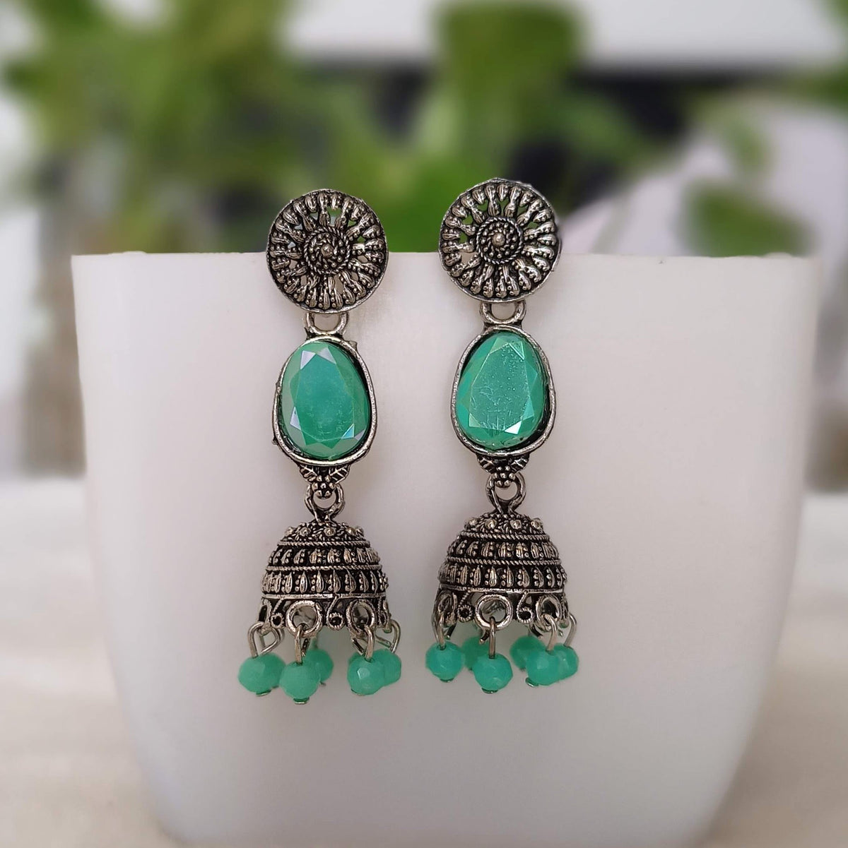 Light Green Oval Shape Stone Jhumka Silver Oxidised Earrings