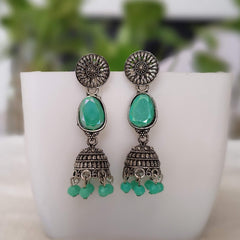 Light Green Oval Shape Stone Jhumka Silver Oxidised Earrings